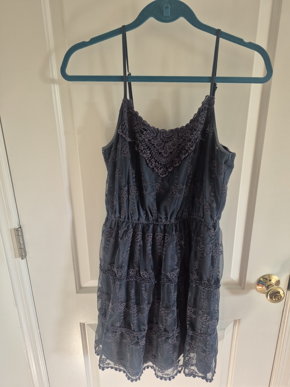 Ultra Pink Navy Blue Lace-Trim Spaghetti Strap Casual Dress